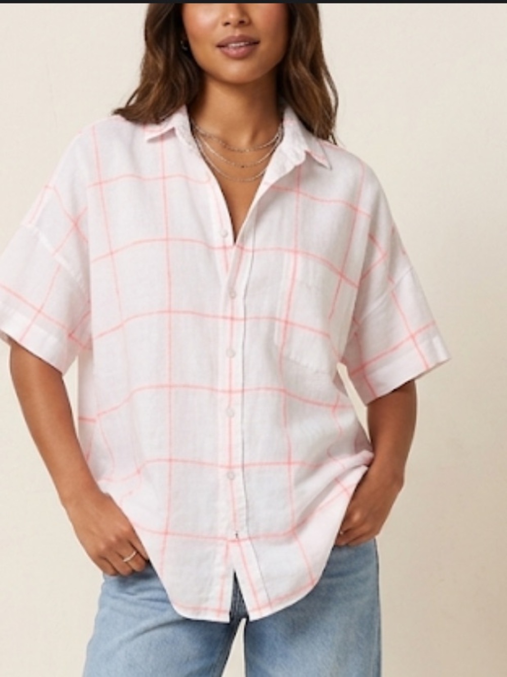 Frank & Eileen Rose Short Sleeve Button Down White Pink Window Pane Linen Top S